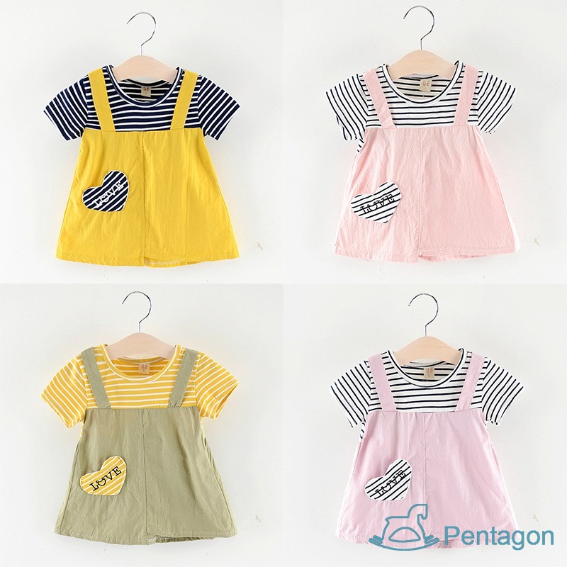 Đầm Ngắn Tay Giả Hai Lớp Họa Tiết Sọc Dễ Thương Thời Trang Mùa Hè Cho Bé Gái