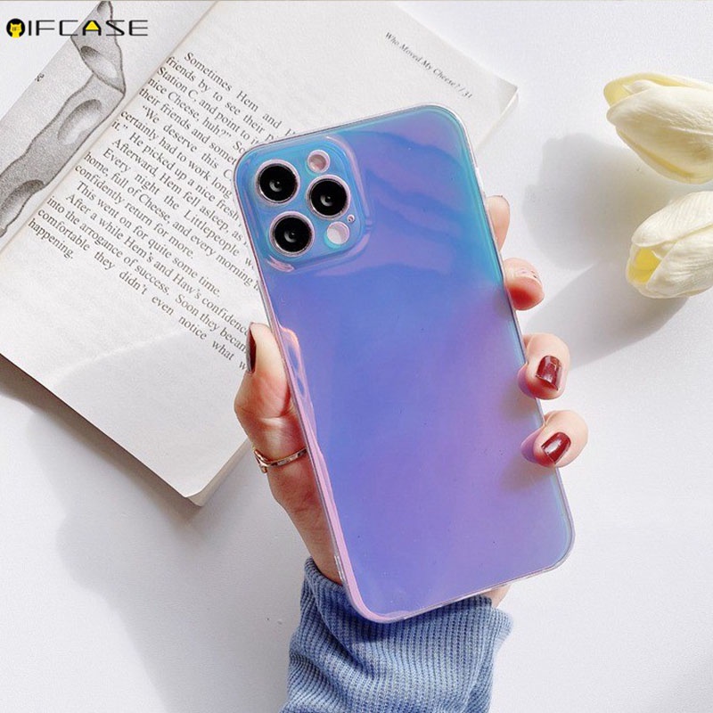 Compatible For iPhone 12 Mini 12 11 Pro Max XS Max XR X 7 8 6 6s Plus Phone Case Purple Gradient Rainbow Laser Blu-ray Glitter Bling Color Colorful Simple Transparent Clear Soft TPU Casing Case Cover