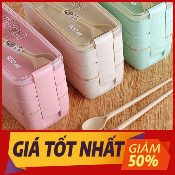 HỘP ĐỰNG CƠM 3 TẦNG LÚA MẠCH KÈM THÌA VÀ ĐŨA ĂN _ Giá Bán Sỉ Lẻ (Giá sỉ)