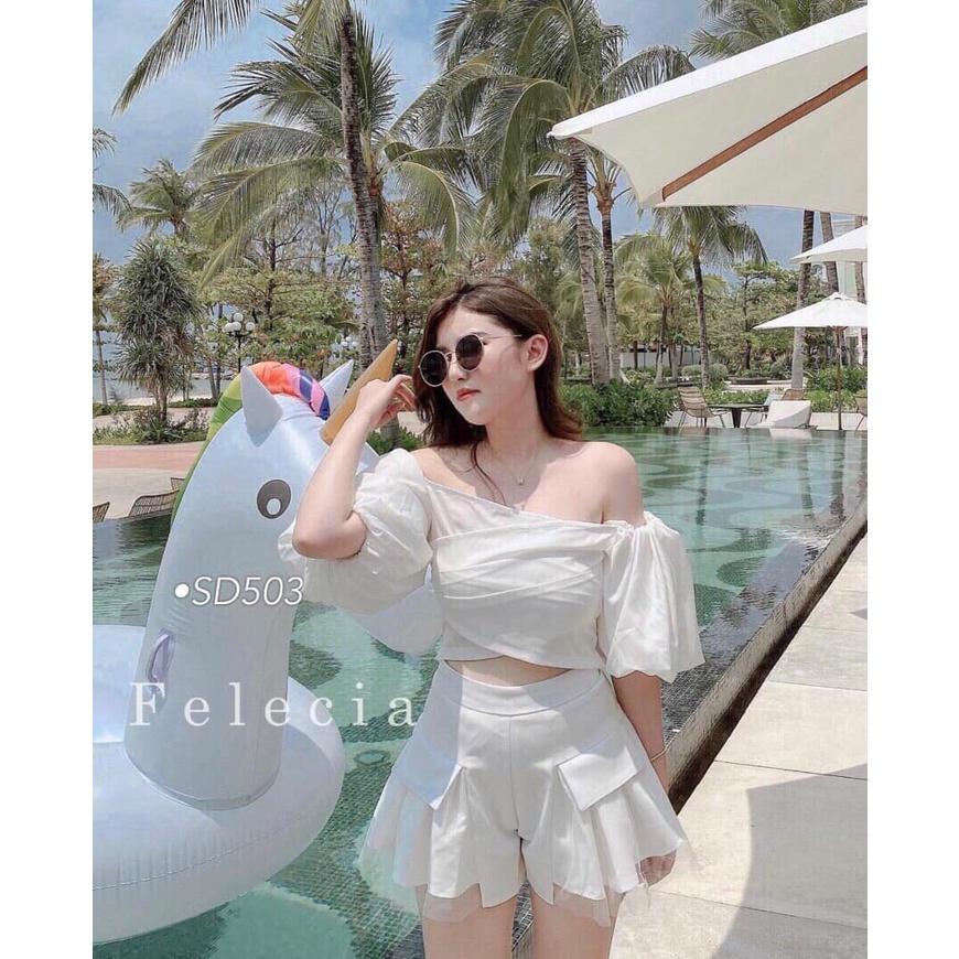SET ÁO PELUM RỚT VAI TAY PHỒNG + SHORT PHỐI LƯỚI