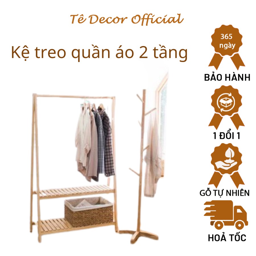 Kệ treo quần áo chữ A 2 tầng gỗ thông cao cấp - Giá gỗ thông treo đồ - Xào quần áo Hàn Quốc - Bh 1 Năm Tê Decor Official