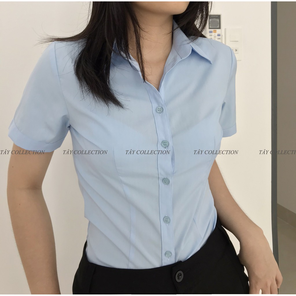 Sơ Mi Công Sở Nữ Ngắn Tay, Hàng Shop Vải Nhập Cao Cấp, May kĩ, Form Ôm Chiết Eo, Mặc Tôn Dáng