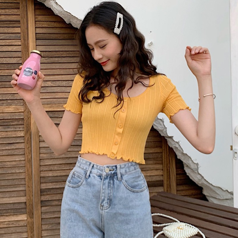 Áo thun gân tay ngắn cổ tròn