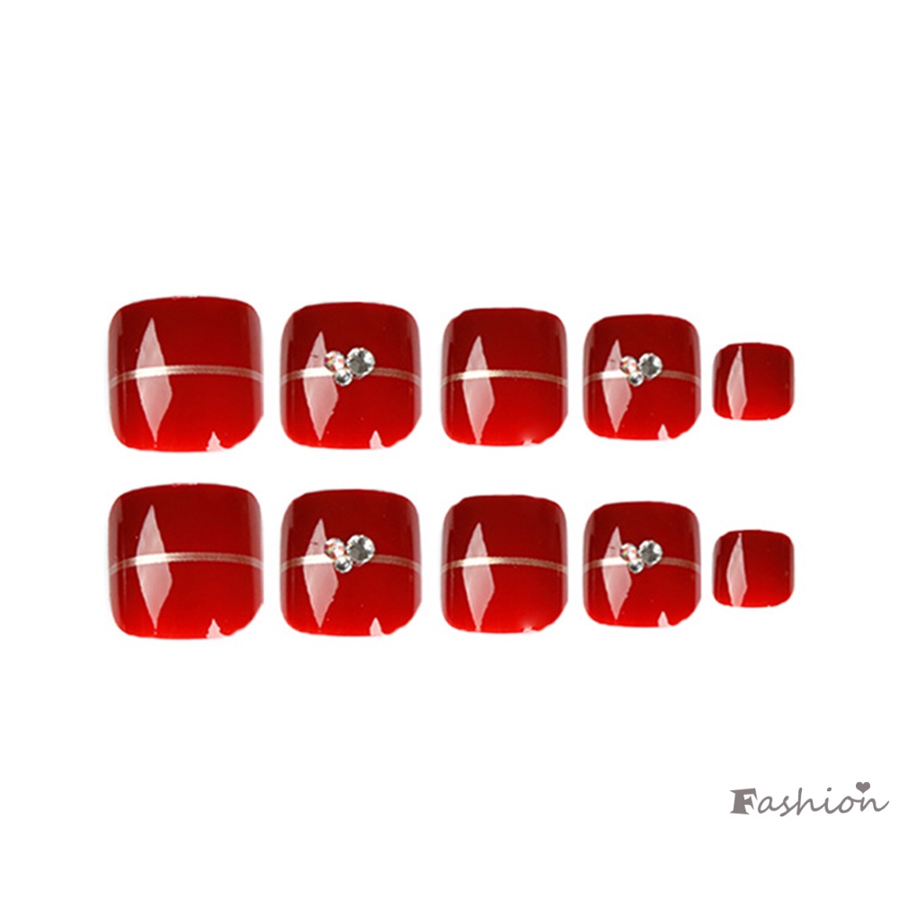 Bộ 24 Móng Chân Giả Màu Rượu Vang Đỏ Đính Kim Cương Giả Dễ Xé Thời Trang Pháp Cho Nữ