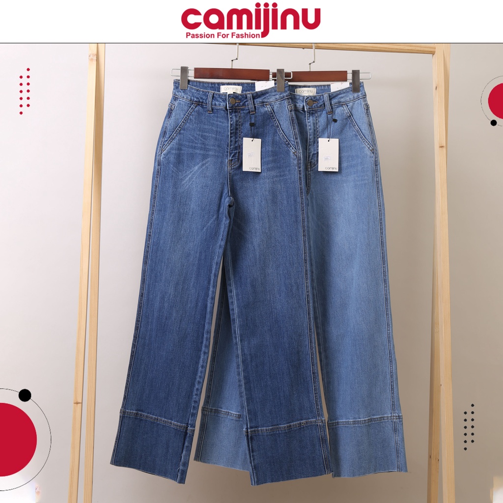 Quần Jeans Nữ Suông Túi Chéo, Gấu To, Dáng Dài Màu Xanh Đậm - Thương Hiệu Camijinu