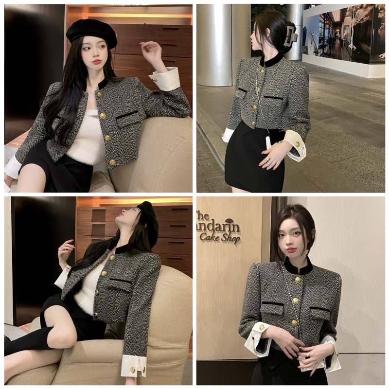 THE2001STORE | Áo khoác nữ dạ Tweed tay trắng dáng croptop phong cách Hàn Quốc
