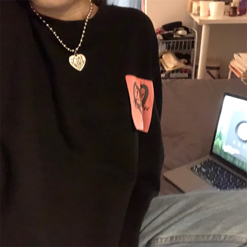 Áo Sweater Cổ Tròn Tay Dài Dáng Rộng Màu Đen Phong Cách Retro Mỹ Dành Cho Nữ