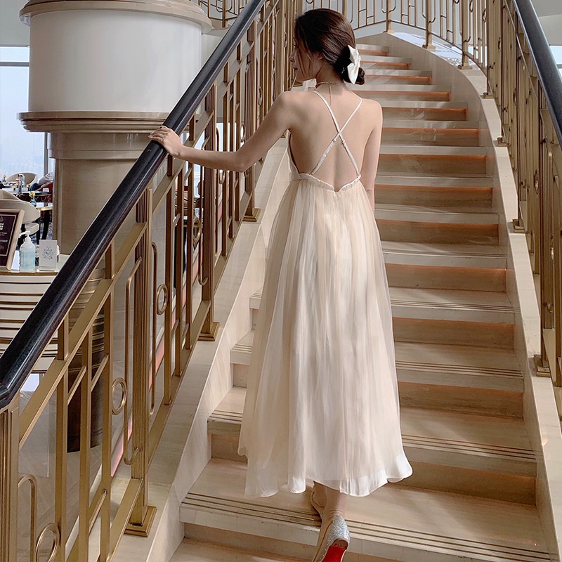 IELGY Đầm Dài Không Tay Cổ Chữ V Màu Trơn Thời Trang Dành Cho Nữ