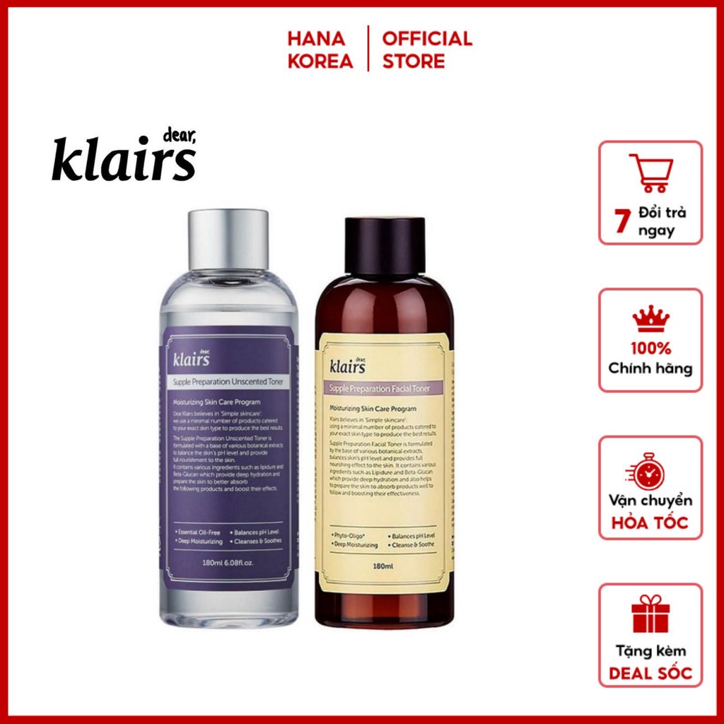 NƯỚC HOA HỒNG Klairs Supple Preparation Unscented Toner (không mùi) 180ML