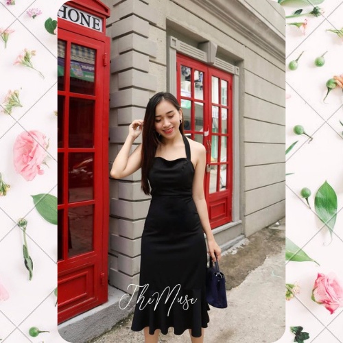 THEMUSE - Đầm đen cổ yếm vạt xòe Black Rose Dress - Ảnh thật shop chụp