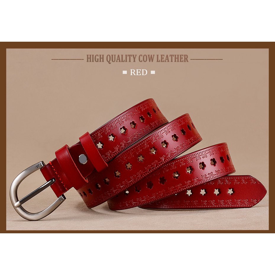 Thắt Lưng Da Bò 2.8Cm Có Khóa Họa Tiết Hoa Phong Cách Vintage Thời Trang Cho Nữ