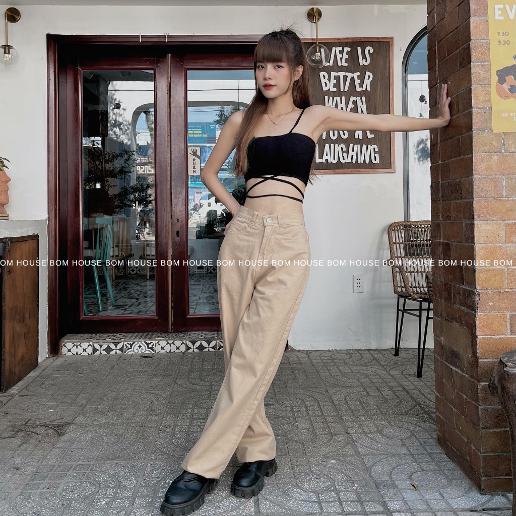Quần Jean Ống Rộng Nữ Trơn Cạp Cao 5 Màu Bom House Ulzzang Unisex