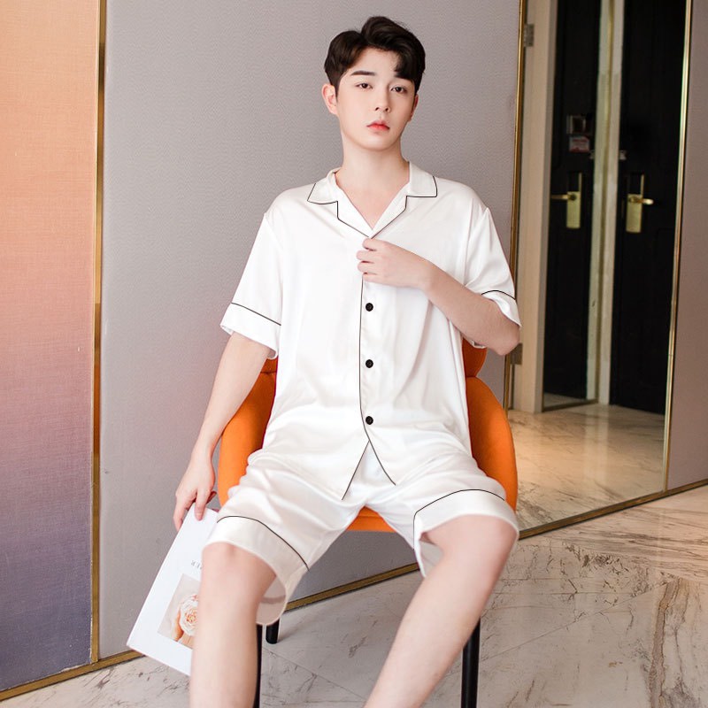 Đồ bộ pijama nam mặc nhà trơn cao cấp, set đồ ngủ lụa nam tay lỡ quần lửng - DK OFFICIAL