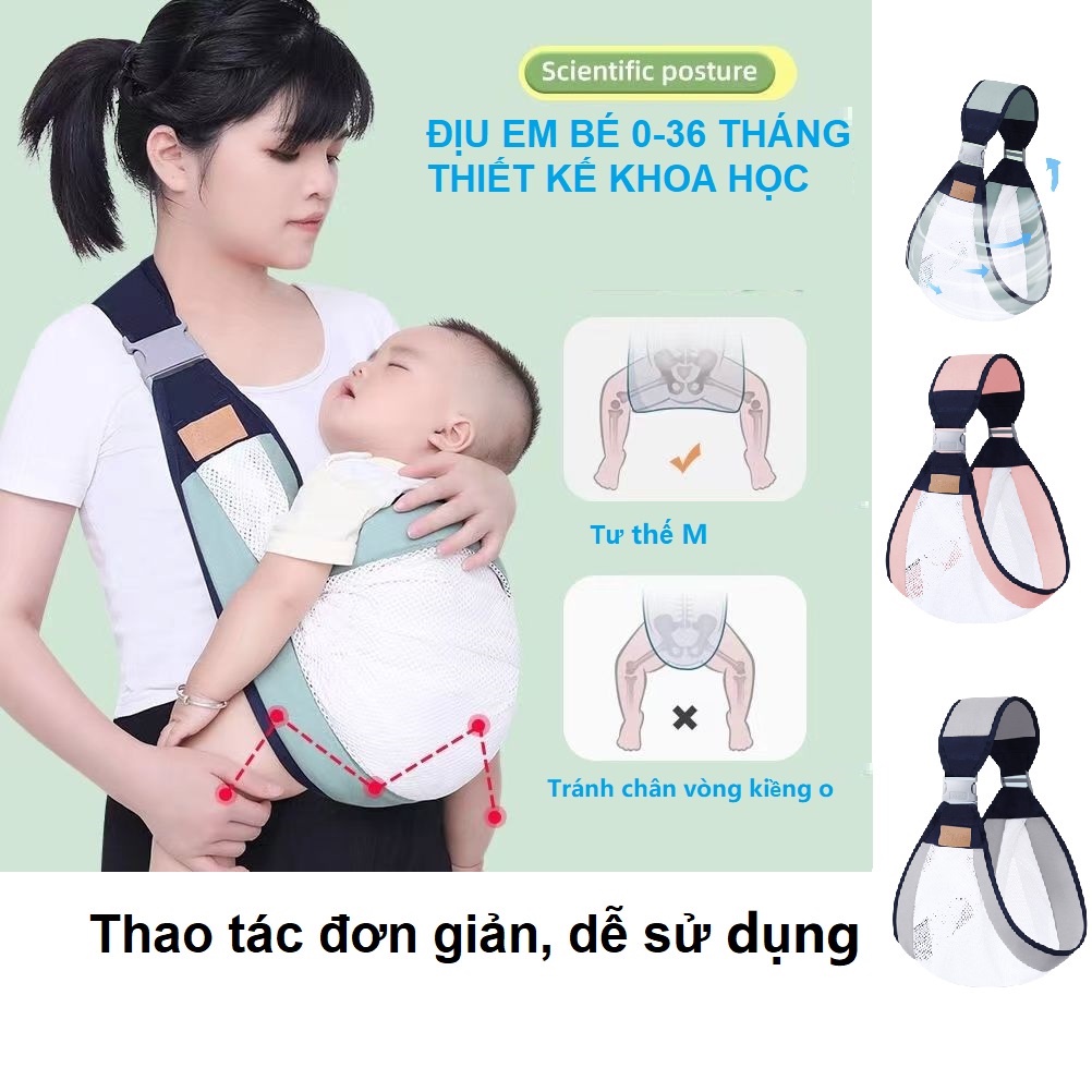 Địu em bé phía trước ,hoặc ngang hông chất liệu cotton mềm, lưới thoát khí ,đơn giản,tiện gọn mang theo
