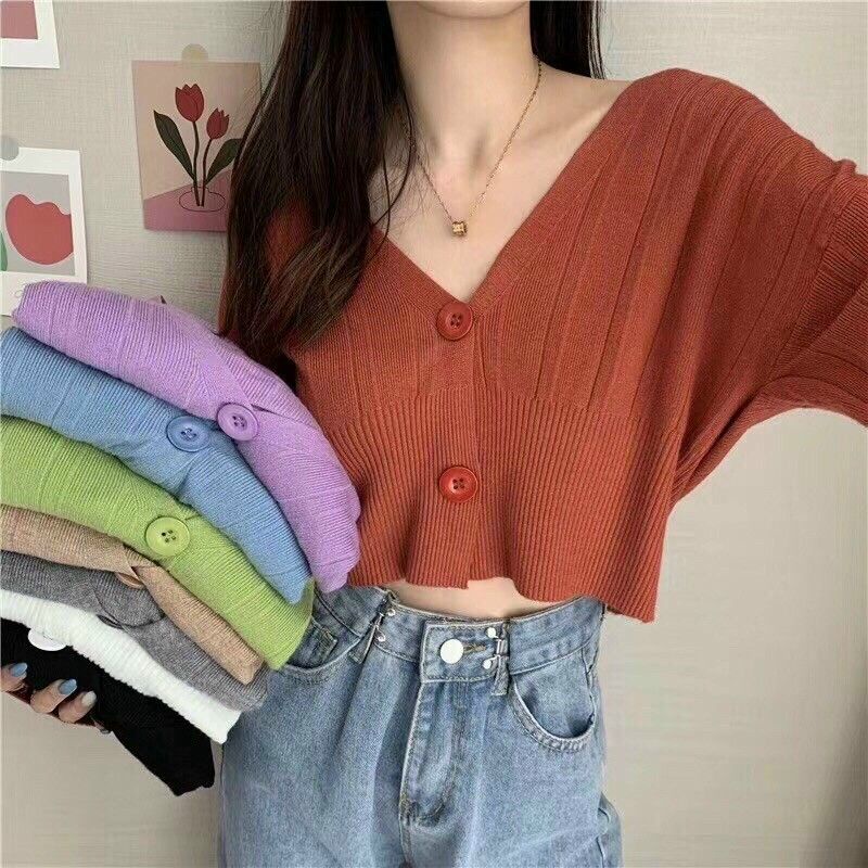 Áo len cadigan khuy croptop hàng QC