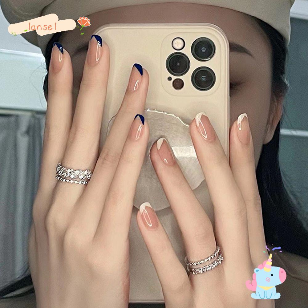 Hộp 24 Móng Tay Giả Đầu Vuông Dạng Nhấn Phong Cách Pháp