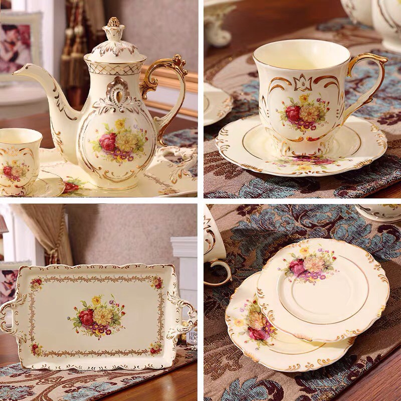 [CÓ SẴN] Bộ ấm trà kèm khay sứ cao cấp họa tiết hoa phù dung, set bàn trà đẹp bày phòng khách 7.47