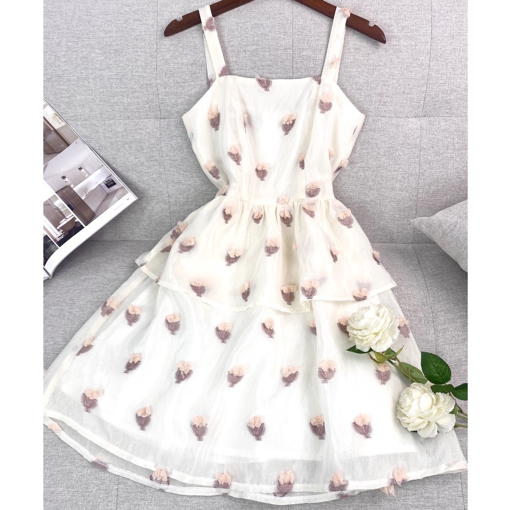 Đầm 2 dây xinh dáng xòe thiết kế cao cấp đẹp đi tiệc đi chơi bông nổi sang chảnh eo tôn dáng - Lux W Fashion