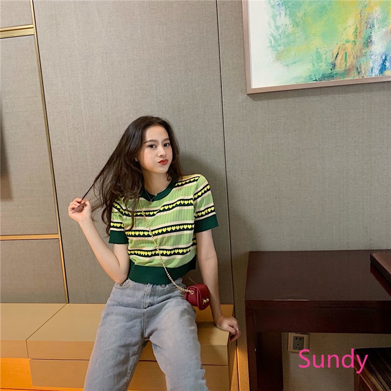 Áo Thun Dệt Kim In Họa Tiết Dễ Thương Phong Cách Hàn Quốc Thời Trang Mùa Hè Cho Nữ