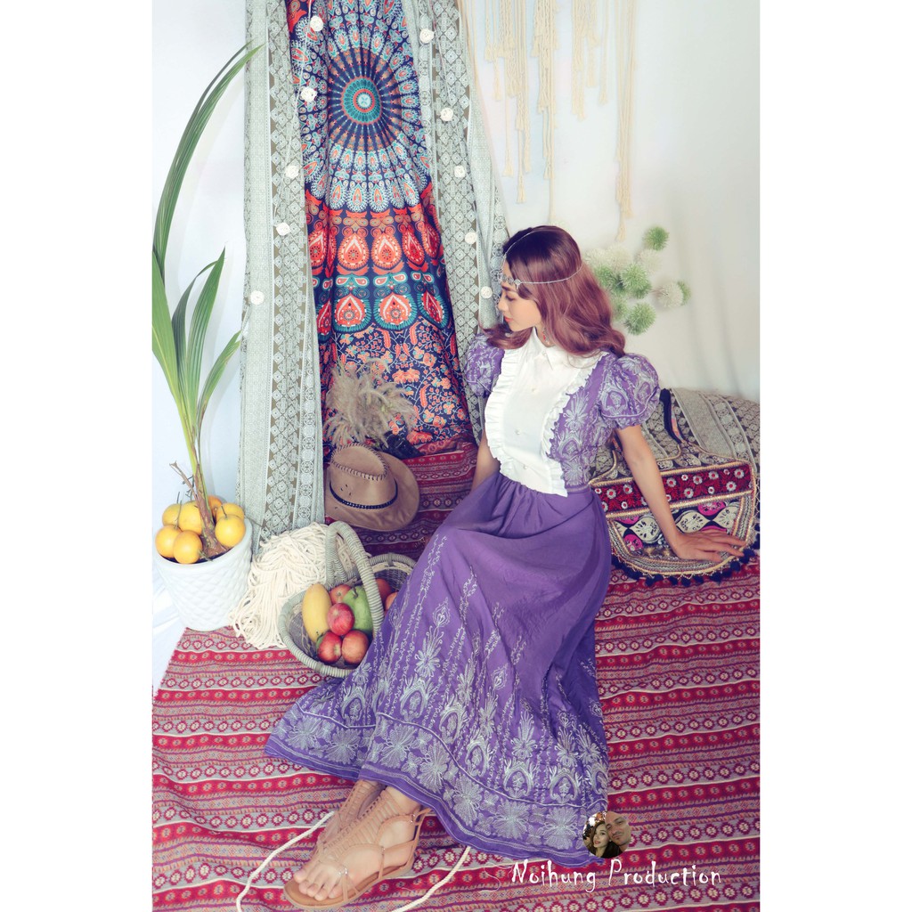 Đầm váy vintage ulzzang công chúa tiểu thư bánh bèo Bohemian thêu hoa maxi boho dáng dài xòe đi biển đẹp rẻ hotgirl