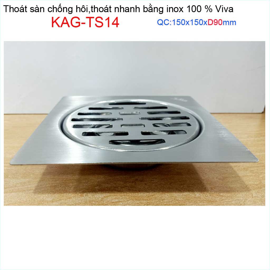 Hố ga thoát sàn Viva ống D90-9cm Inox mờ, phễu thoát nước chống hôi D90 vuông 15x15cm KAG-TS14