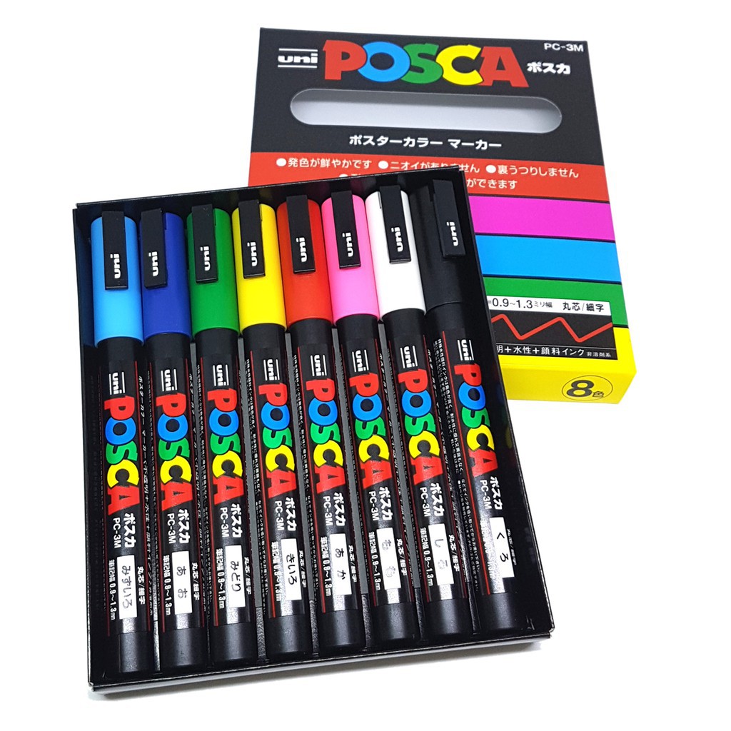 Bộ 8 bút sơn vẽ trên nhiều chất liệu Uni Posca PC-3M - Ngòi 0.9 - 1.3mm