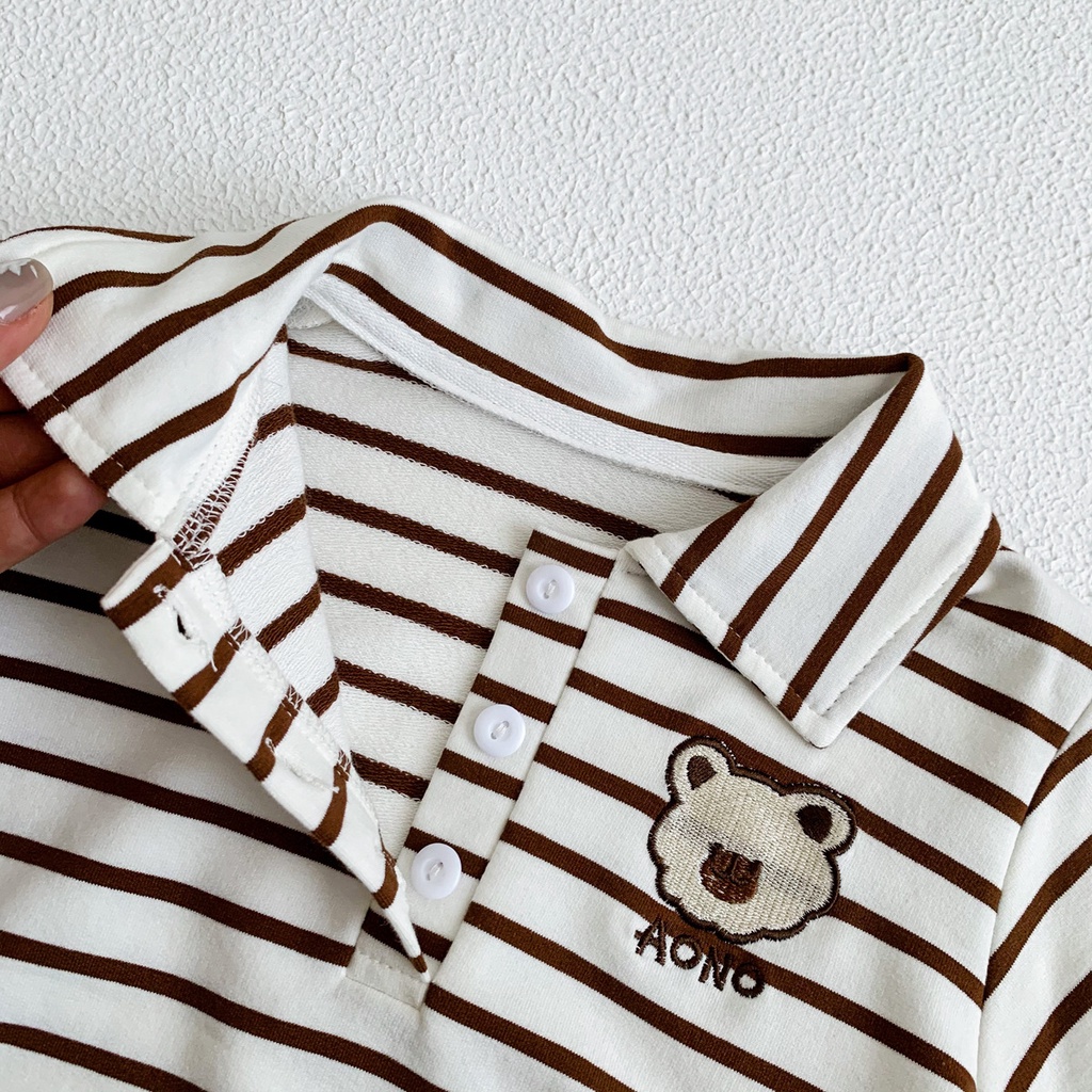 Áo Liền Quần Dài Tay Kẻ Sọc Thêu Hình Gấu Dễ Thương Cho Bé