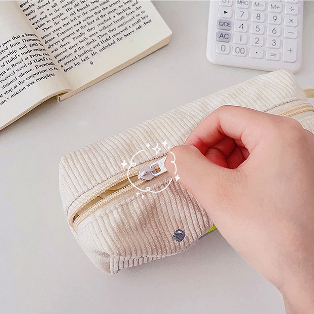 Túi Đựng Bút Bằng Vải Nhung Kẻ Có Khóa Kéo Thêu Họa Tiết Dễ Thương Tiện Dụng Cho Học Sinh / Văn Phòng