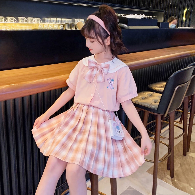 Bộ Đồng Phục Áo Tay Ngắn Phối Chân Váy Xếp Ly Kiểu Phương Tây Thời Trang Mùa Hè Cho Bé Gái 10-12 Tuổi
