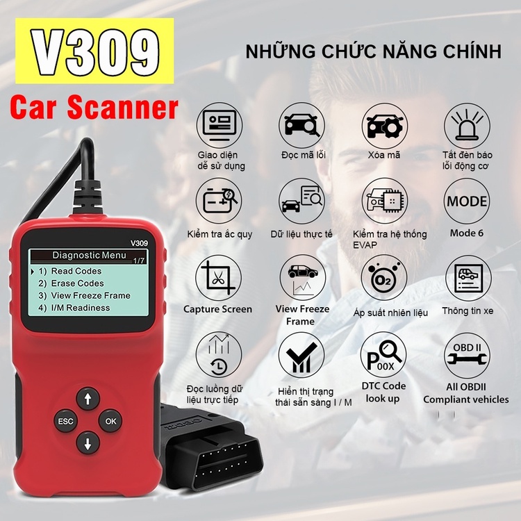 Máy quét mã ô tô OBD II đa năng, Đầu đọc mã công cụ chẩn đoán, Xóa mã lỗi xe hơi OBD2