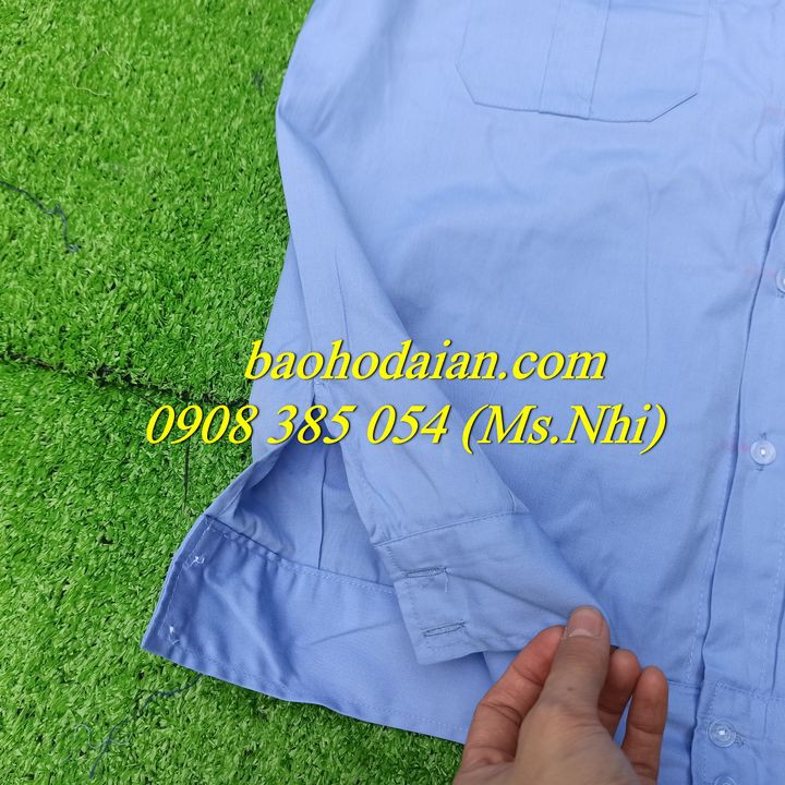Áo bảo vệ tay dài màu xanh dương có bo eo- Hình thật