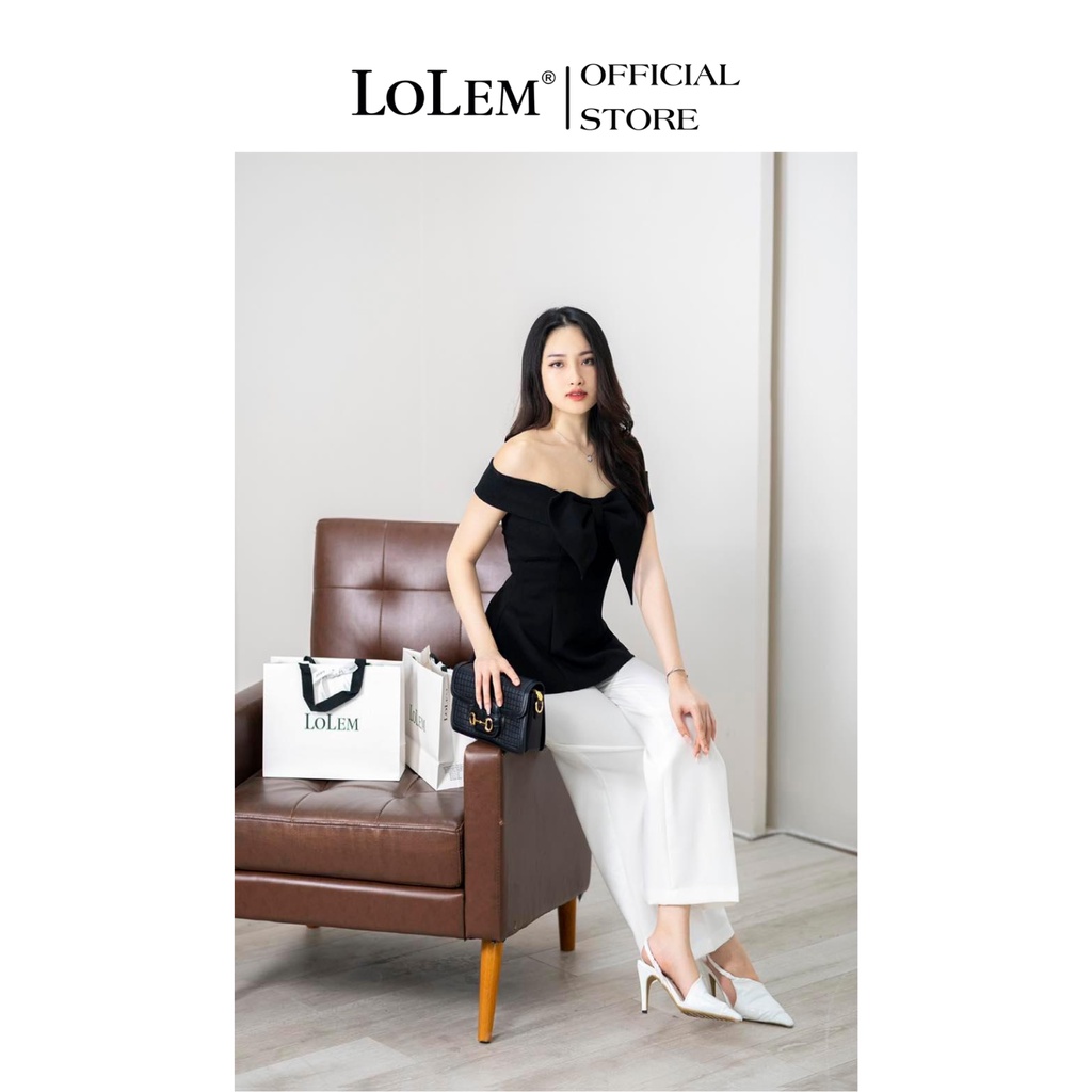 Áo trễ vai LOLEM AK1270 form peplum phối nơ ngực vải linen Thái thoáng mát