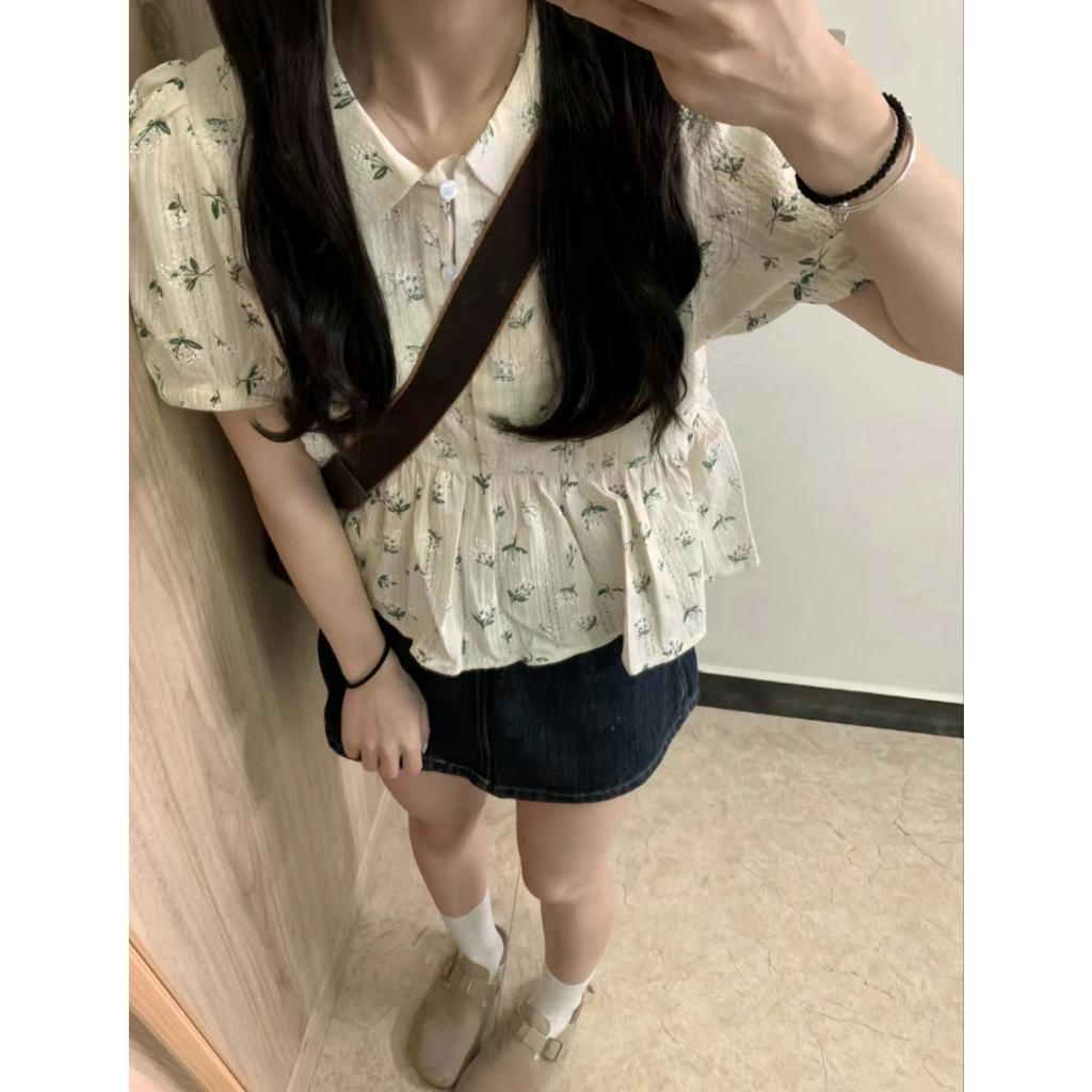 Xiaozhainv Áo Sơ Mi Tay Ngắn Cổ Búp Bê In Họa Tiết Hoa Phong Cách Pháp Thời Trang Mùa Hè Cho Nữ