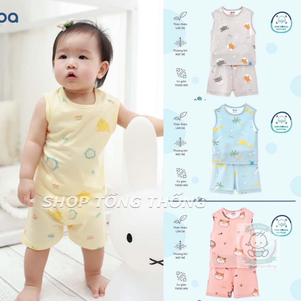 Bộ Mompa ba lỗ Cotton giấy Hàn Quốc cao cấp thoáng mát thấm hút tốt bộ sát nách in thú cưng cho bé trai bé gái MP611