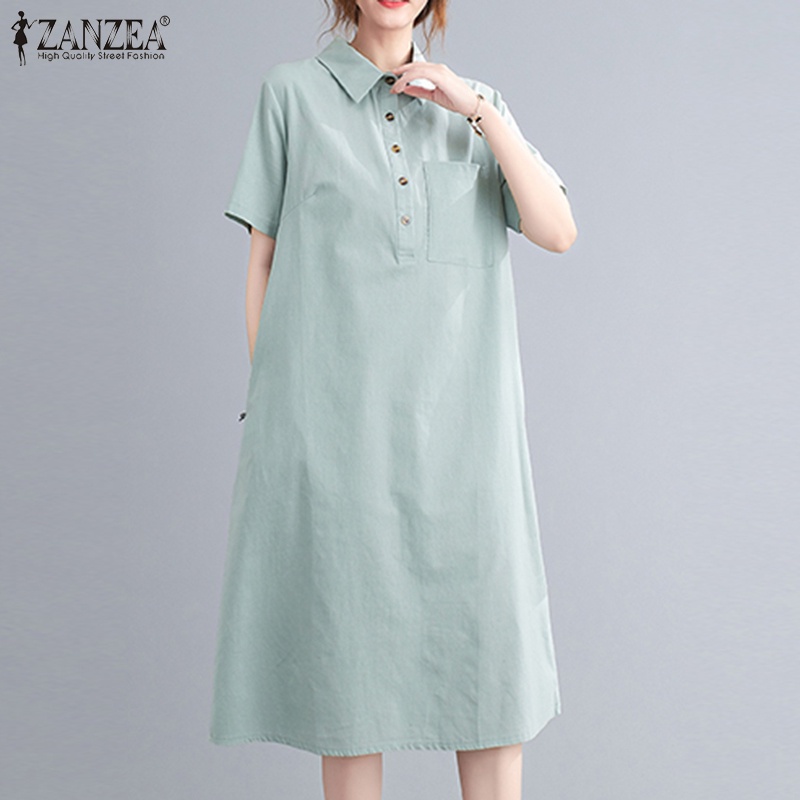 Đầm midi Zanzea tay ngắn cổ bẻ có túi phong cách vintage thời trang cho nữ