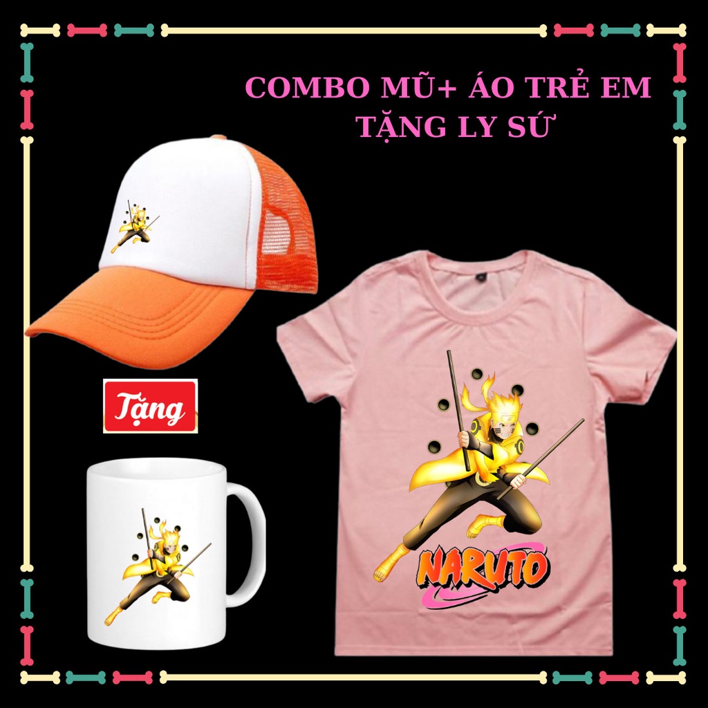 Combo Mũ Áo Naruto lục đạo phong cách cho trẻ em tay ngắn cổ tròn đủ size áo từ 10kg đến 90kg-Tặng Ly sứ Naruto