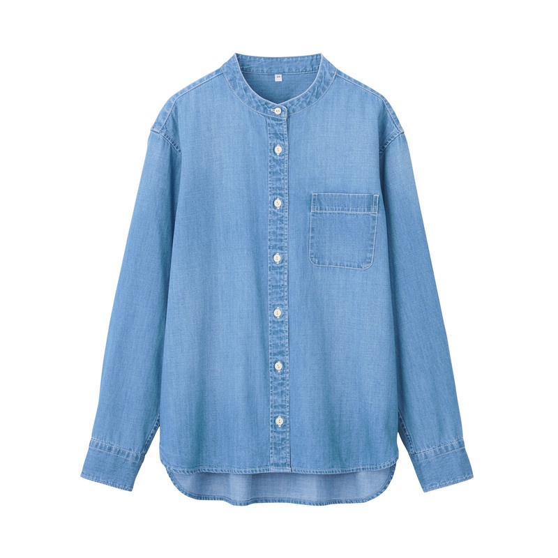 Muji Áo Sơ Mi Denim Cotton Ấn Độ Cổ Trụ