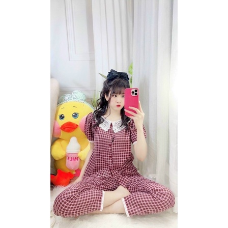 Bộ mặc nhà nữ hoạ tiết kẻ ô cổ ren Bộ pijama hàng thiết kế cao cấp