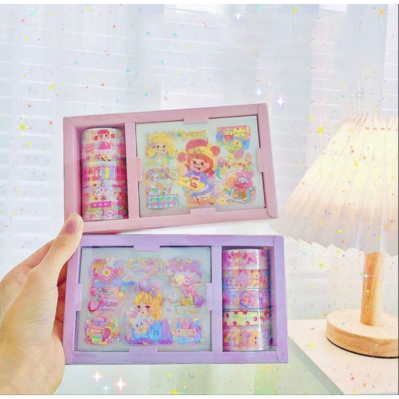 Hộp 10 trang sticker và 1 khay washi tape, mẫu ngẫu nhiên ạ, mã HZ3701