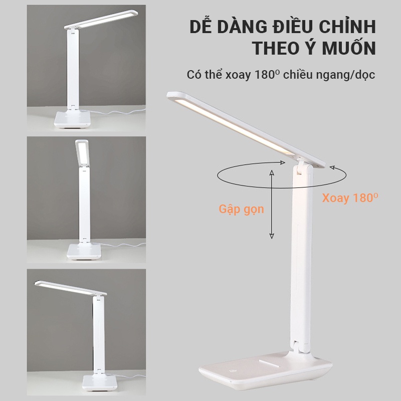 Đèn Led ánh sáng dịu nhẹ 3 chế độ để bàn cắm sử dụng trực tiếp và tích hợp sạc pin điện thoại không dây thông minh