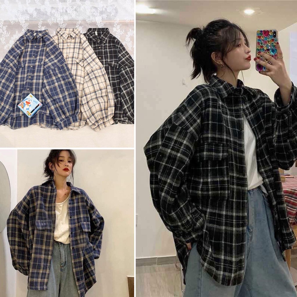 [CHEAPY] Áo sơ mi dài tay kẻ caro lồng đèn unisex - Áo sơ mi dài tay freesize phom rộng dáng suông tay phồng hot trend
