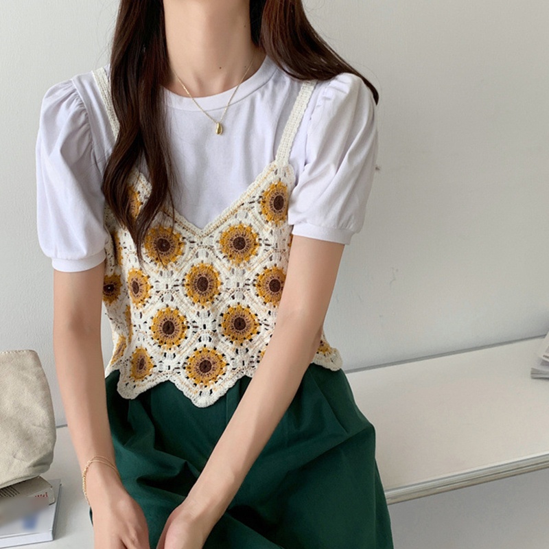 Áo Croptop Dệt Kim Không Tay Cổ Chữ V Dáng Rộng Thêu Hình Hoa Hướng Dương Phong Cách Vintage Cho Nữ