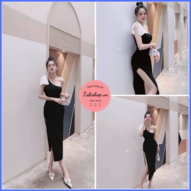 Đầm thun lệch vai xẻ tà váy ôm body phối nơ sang chảnh | BigBuy360 - bigbuy360.vn