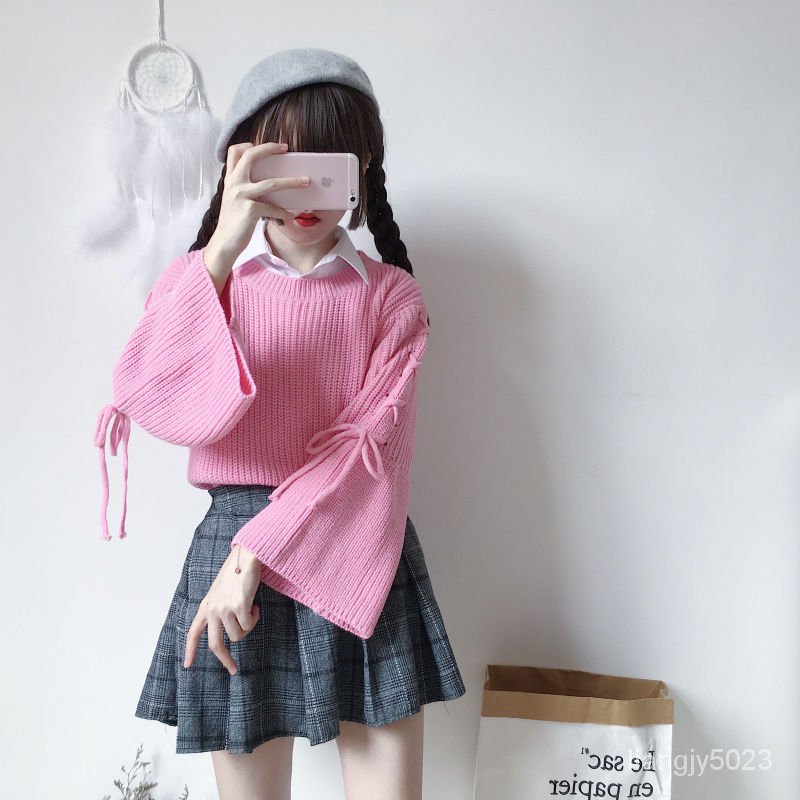 Áo Sweater Tay Loe Dài Phối Ren Đính Nơ Thời Trang Thu Đông Hàn Quốc