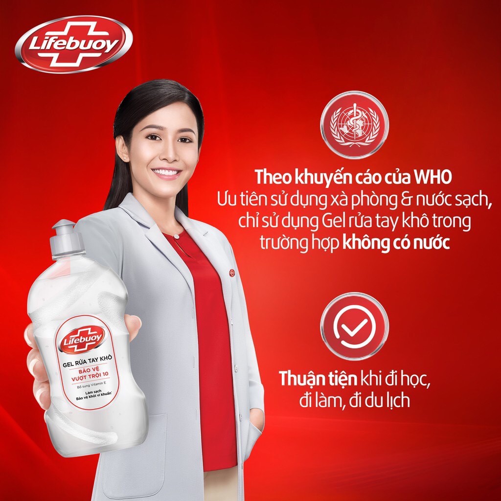 Gel rửa tay khô sạch siêu nhanh Lifebuoy Bảo Vệ Vượt Trội 10 (Chai nắp bạc 500ml)