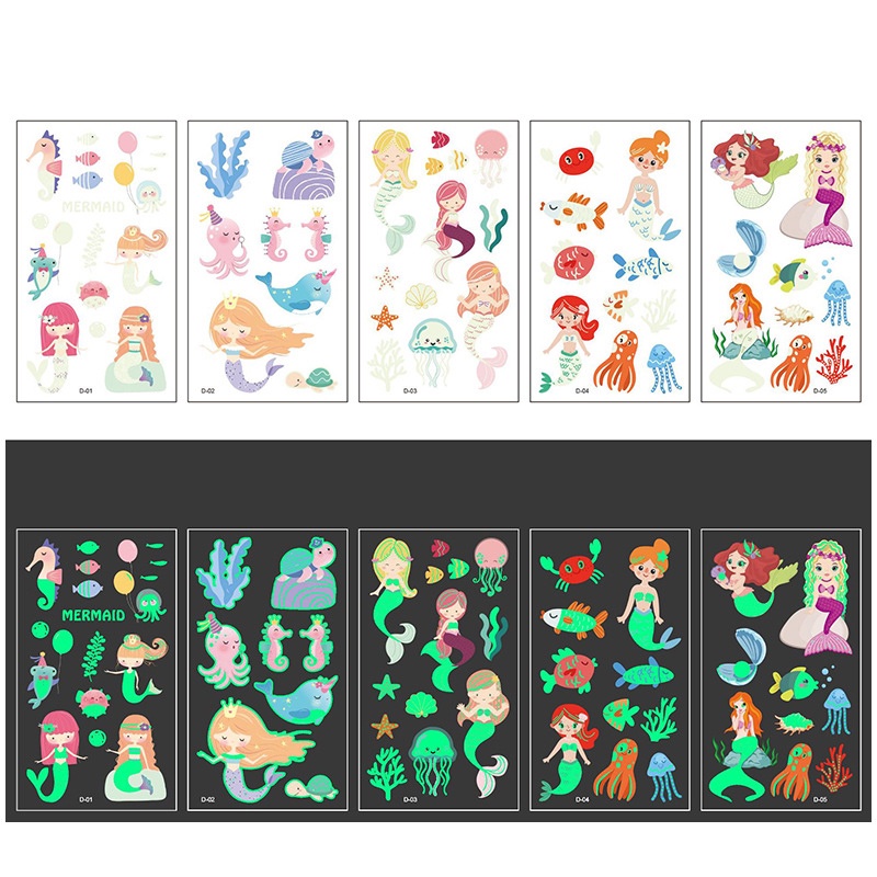 Set 5 Tờ Hình Xăm Phát Sáng Người Cá Rùa Cua Ngọc Trai San Hô Sứa Bạch Tuộc Mực Sao Biển Legaxi