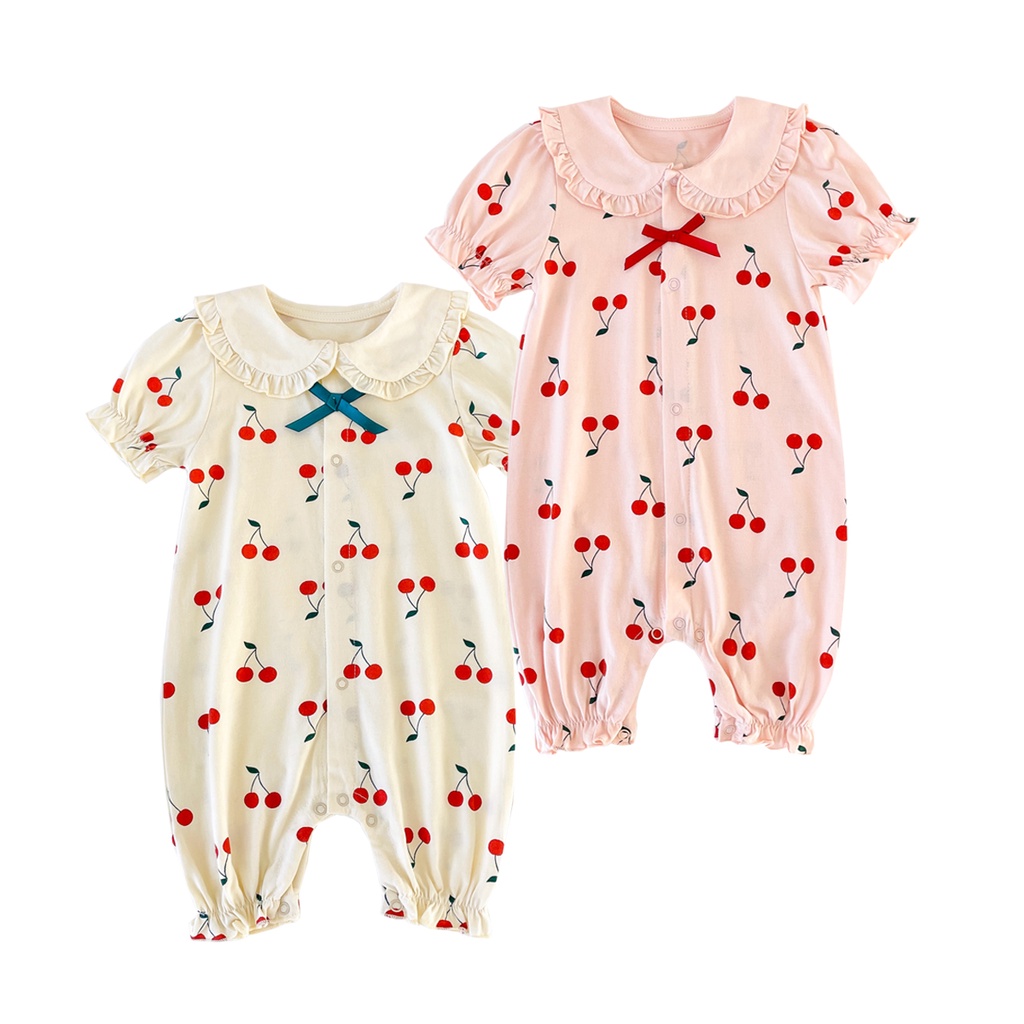 Áo liền quần SANLUTOZ cotton tay ngắn in họa tiết quả cherry xinh xắn mùa hè dành cho bé gái