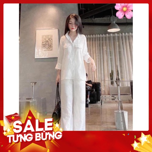 -Hàng nhập khẩu Set bộ đũi xước màu trắng trơn quần culottes ống suông kèm áo sơ mi phối 2 túi ngực basic trẻ trung nữ H