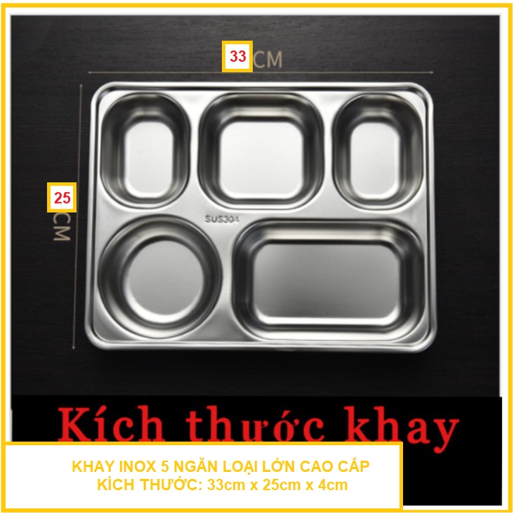 KHAY ĐỰNG THỨC ĂN 5 NGĂN INOX 304 CAO CẤP AN TOÀN CHO SỨC KHỎE, CHO BÉ ĂN DẶM, KÍCH THƯỚC: 33cm X 25cm X 4cm