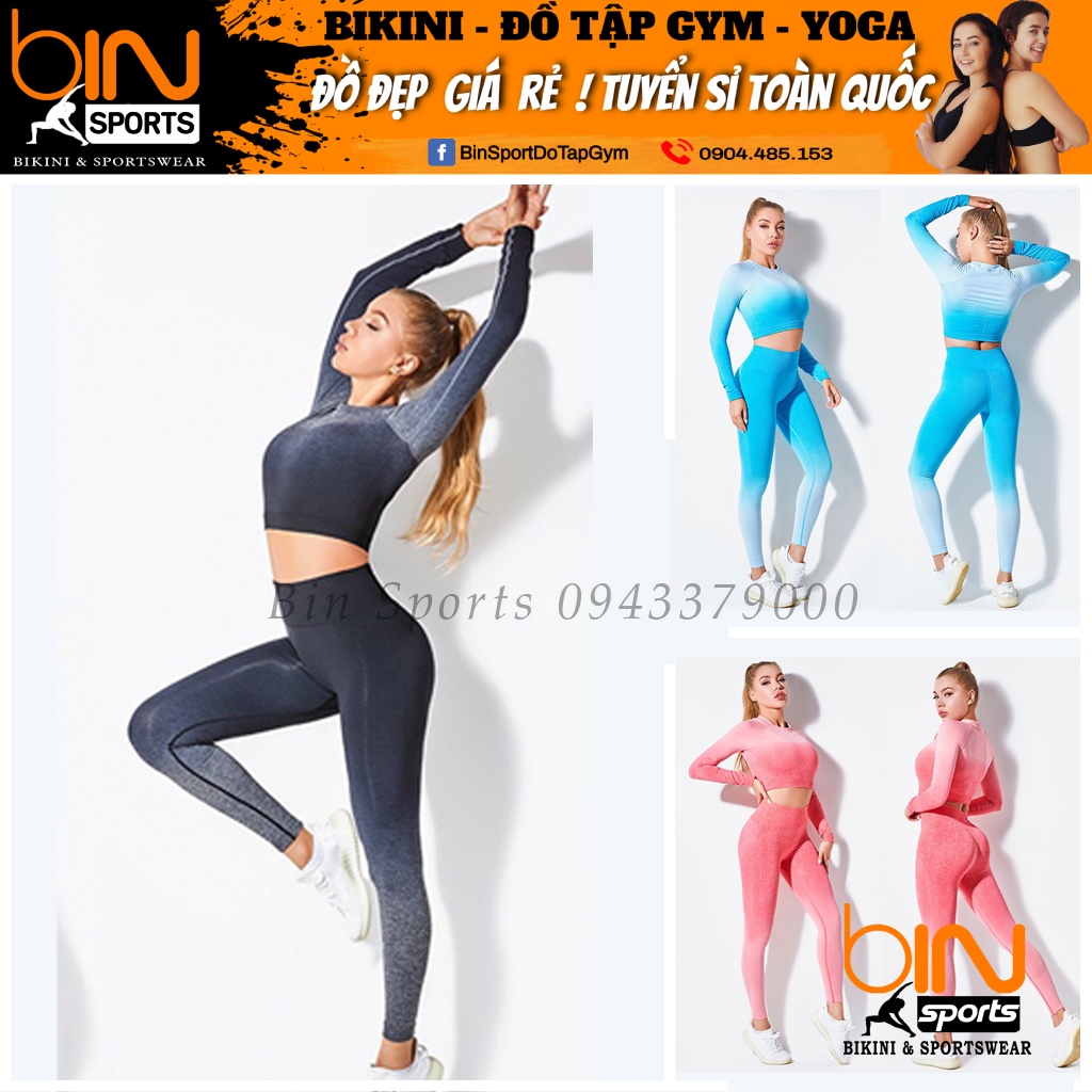 Đồ tập gym yoga nữ set bộ dệt kim loang màu áo crop dài tay quần dài cao cấp hàng nhập Bin Sports BD124 v2
